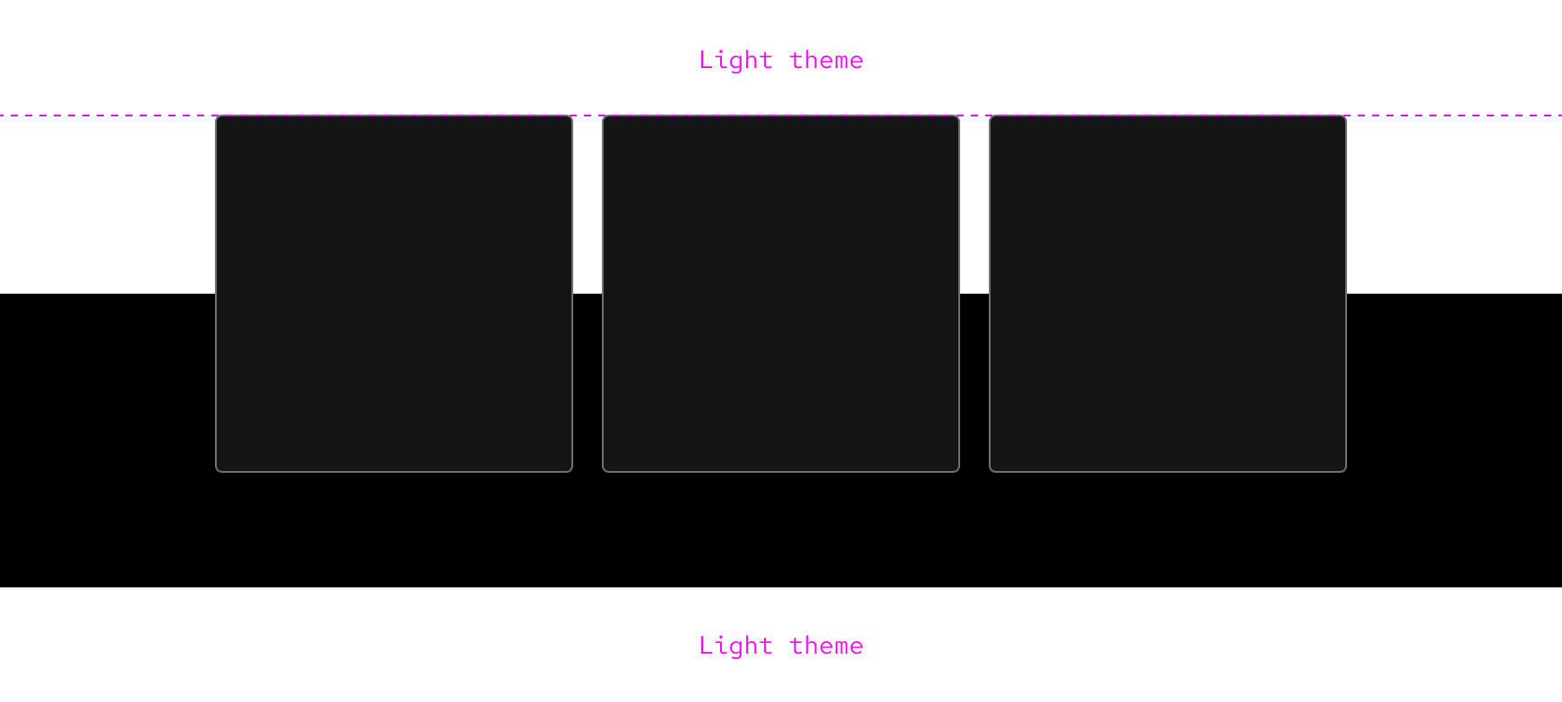 wireframe of cards in a dark palette section extending into a light palette section