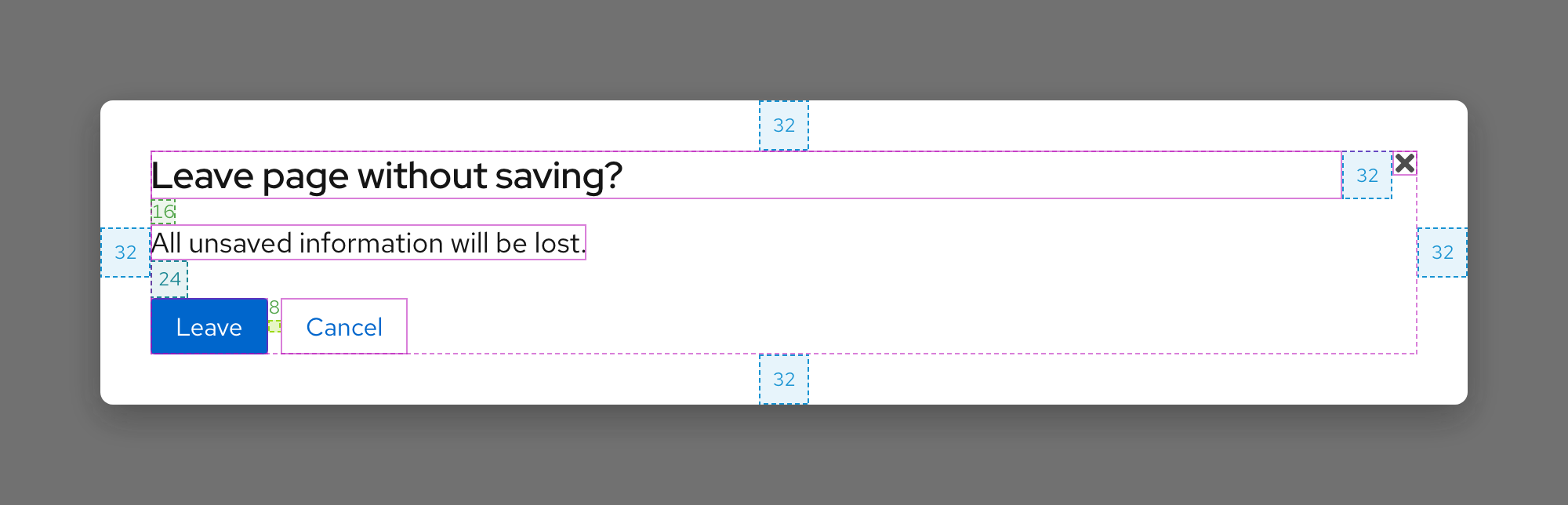 A dialog container on a large breakpoint with spacing between all elements