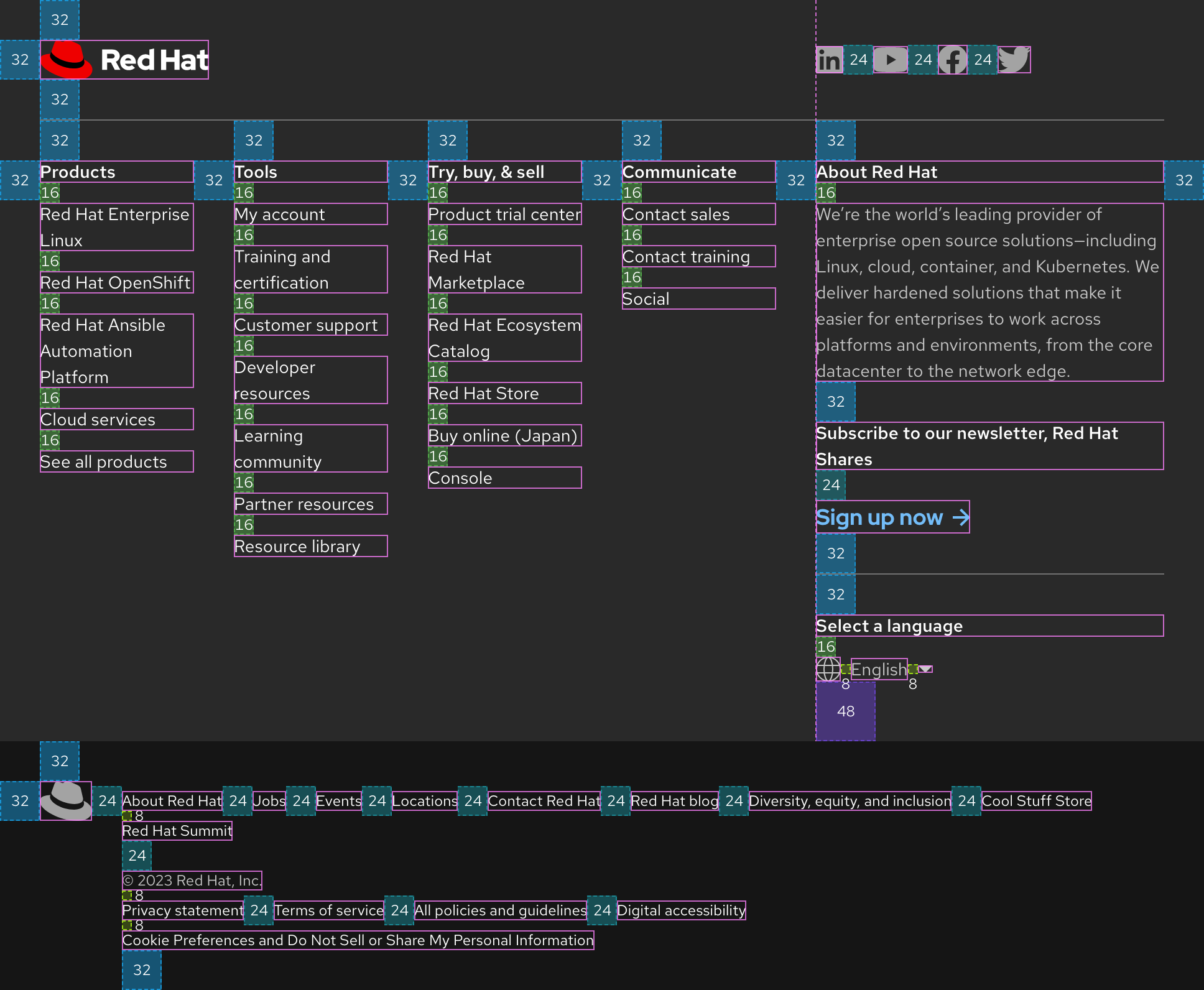 Image of a desktop footer showing space values in between elements