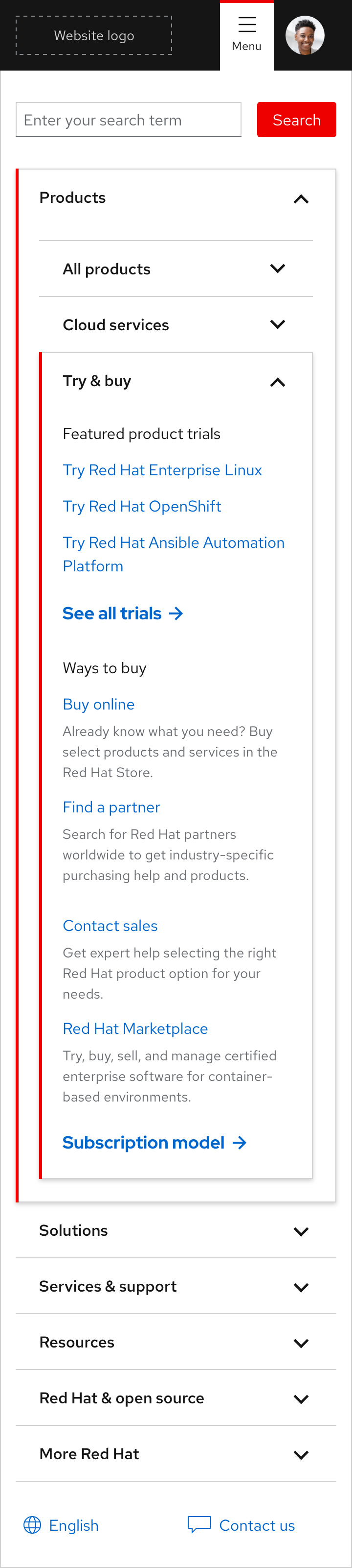 Primary navigation - components in an expandable tray (mobile)