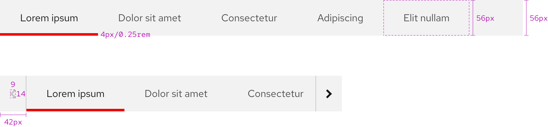 Image of desktop and mobile subnavigations with various specs like height, width, and more