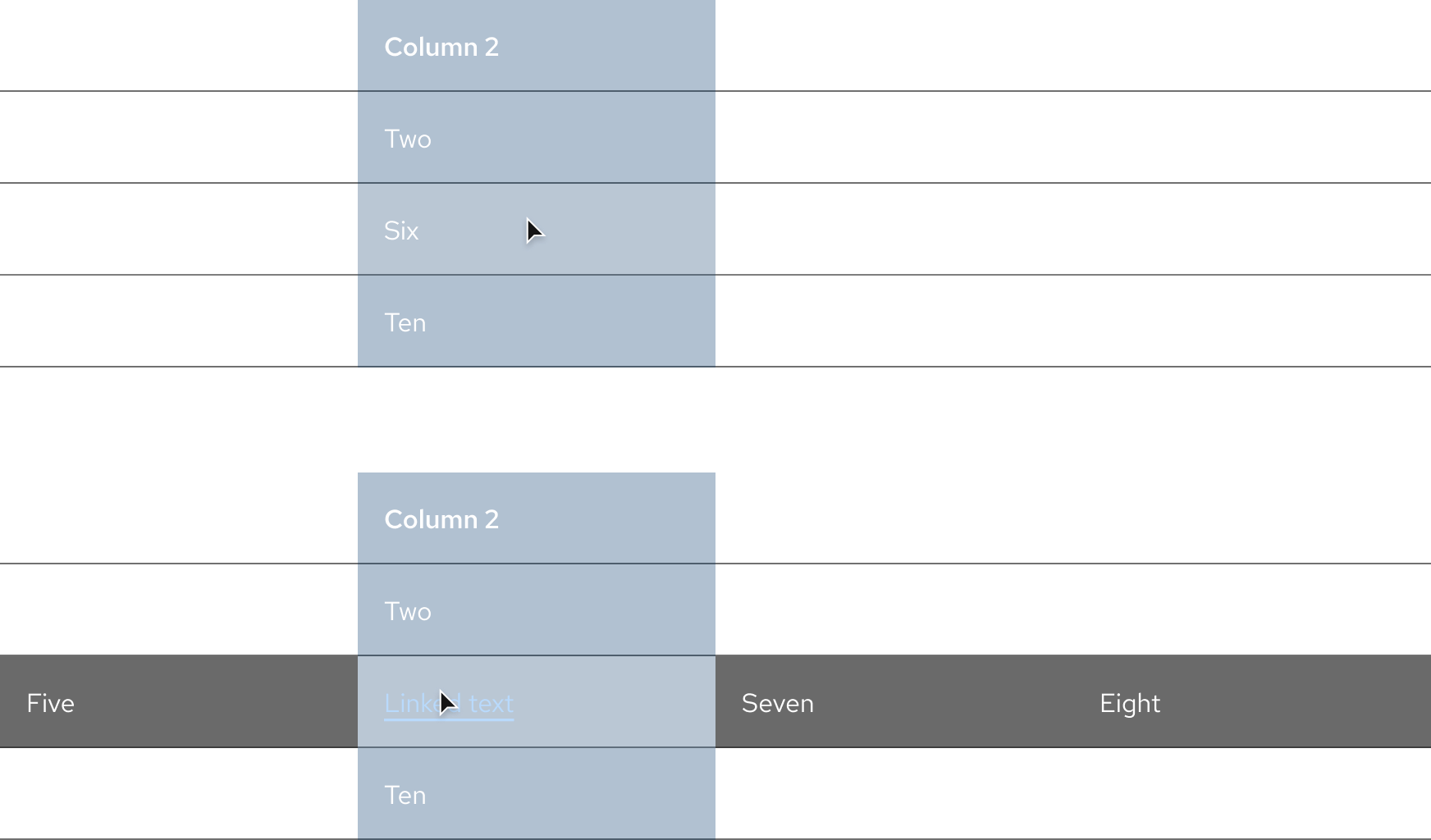 Dark theme tables with hover effects on a black surface