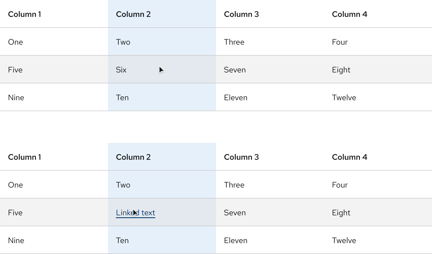 Light theme tables with hover effects on a white surface