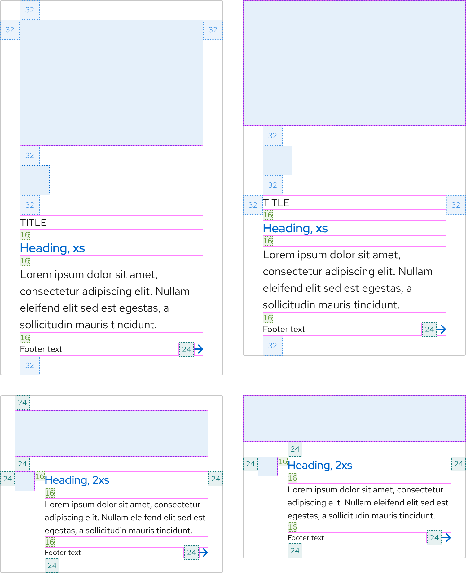 Link tiles that have full-width and default image sizes with spacers showing padding and margins