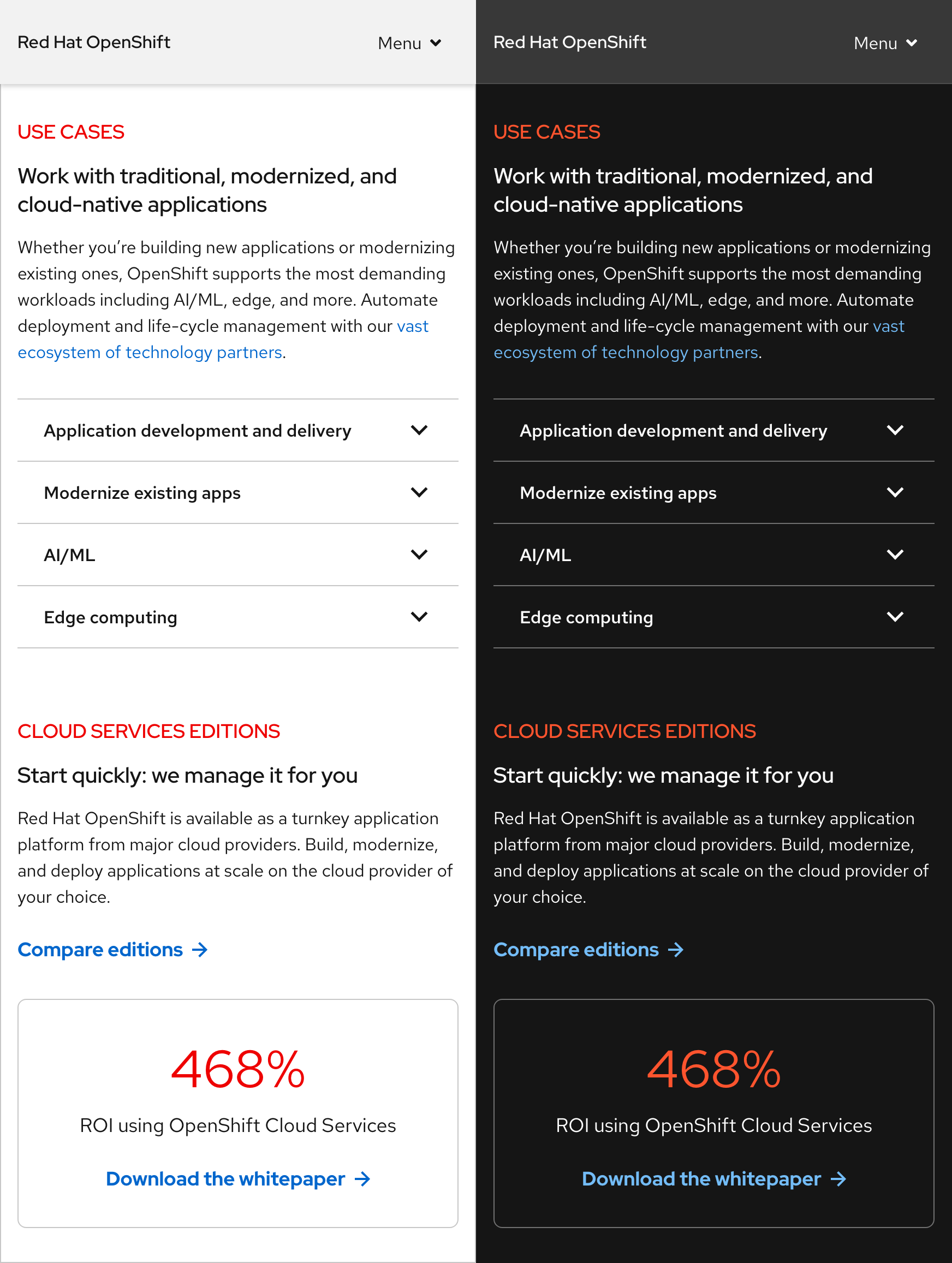 Examples of how tokens are applied to elements in the light and dark themes